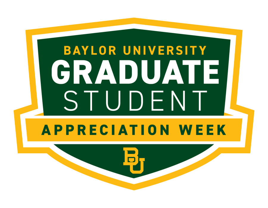 a yellow shield outline on a green background with the words "Graduate Student Appreciation Week"